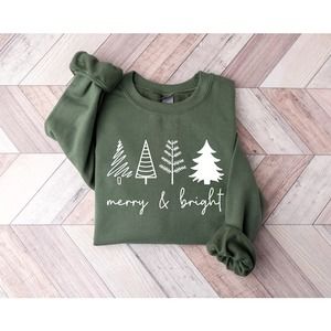 Merry & Bright Christmas Trees Sweatshirt, Christmas Sweatshirt Holiday Sweater